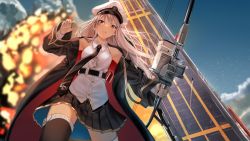 Rule 34 | 1girl, absurdres, azur lane, bad id, bad twitter id, banmkuchen, bare shoulders, belt, black necktie, black skirt, bow (weapon), breasts, coat, compound bow, enterprise (azur lane), explosion, expressionless, flight deck, hat, highres, holding, holding bow (weapon), holding weapon, large breasts, long hair, looking at viewer, necktie, outdoors, peaked cap, pleated skirt, purple eyes, rigging, shirt, silver hair, skirt, sleeveless, sleeveless shirt, smile, solo, thighhighs, weapon, white shirt