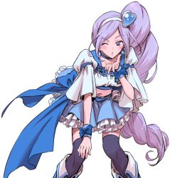 Rule 34 | 00s, 1girl, aono miki, blue skirt, blush, boots, cure berry, fresh precure!, hair ornament, hairband, hand on own knee, heart, heart hair ornament, isedaichi ken, knee boots, leaning forward, long hair, midriff, navel, one eye closed, precure, purple eyes, purple hair, side ponytail, skirt, solo, standing, thighhighs, transparent background, v, wink, zettai ryouiki