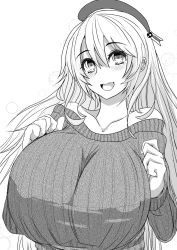 Rule 34 | 10s, 1girl, atago (kancolle), bare shoulders, beret, breasts, female focus, hat, highres, huge breasts, kantai collection, long hair, monochrome, nabeshiki (nabeyashiki), open mouth, ribbed sweater, solo, sweater, upper body