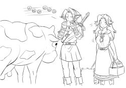 Rule 34 | 1boy, 1girl, apron, blush, boots, breast expansion, breasts, comic, cow, dress, gameplay mechanics, greyscale, hat, instrument, large breasts, lineart, link, long hair, malon, master sword, matsu-sensei, monochrome, neckerchief, nintendo, ocarina, aged up, over shoulder, pointy ears, ^^^, surprised, sword, sword over shoulder, the legend of zelda, the legend of zelda: ocarina of time, transformation, tunic, udder, waist apron, weapon, weapon over shoulder