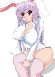 Rule 34 | 1girl, animal ears, bottomless, breasts, cleavage, female focus, huge breasts, long hair, nipples, puffy nipples, purple hair, rabbit ears, red eyes, reisen udongein inaba, shirt, simple background, sitting, solo, thighhighs, touhou, urx ura, white background