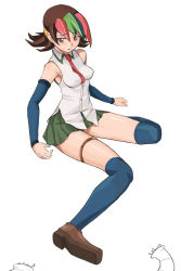 Rule 34 | 1990s (style), 1girl, armpits, betterman, between breasts, breasts, brown hair, covered erect nipples, detached sleeves, dyed bangs, green hair, highres, kneehighs, multicolored hair, necktie, red eyes, retro artstyle, sai hinoki, simple background, socks, solo, tarayama, thigh strap, thighhighs, watch, white background, worm