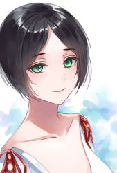 Rule 34 | 1girl, amagami akira, black hair, blue background, breasts, cleavage, closed mouth, dress, fata morgana no yakata, giselle (fata morgana no yakata), green eyes, large breasts, looking at viewer, short hair, simple background, smile, solo, standing, upper body, white background