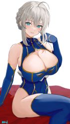 Rule 34 | 1girl, ahoge, alternate breast size, artoria pendragon (fate), artoria pendragon (lancer) (fate), asurada yui, bare shoulders, blue gloves, blue leotard, blue thighhighs, blush, braid, breasts, cleavage, cleavage cutout, clothing cutout, elbow gloves, fate/grand order, fate (series), french braid, gloves, green eyes, grey hair, hair between eyes, heattech leotard, highleg, highleg leotard, highres, large breasts, leotard, long hair, looking at viewer, parted lips, sidelocks, solo, thighhighs, thighs, turtleneck