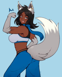 Rule 34 | 1girl, absurdres, animal ears, arm up, ass, black hair, blue pants, breasts, commission, dark-skinned female, dark skin, fangs, flexing, grey sports bra, highres, large breasts, looking at viewer, muscular, muscular female, original, pants, short hair, solo, sports bra, tail, teeth, the scarlet devil, tongue, wolf ears, wolf girl, wolf tail