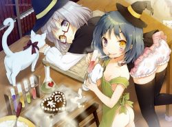 Rule 34 | 2girls, absurdres, apron, ass, bent over, black hair, black legwear, bloomers, blush, book, candy, cat, chocolate, chocolate heart, cuteg, erlenmeyer flask, fish, flask, food, glasses, grey hair, hat, heart, heterochromia, highres, looking at viewer, magic circle, mouth hold, multiple girls, naked apron, original, polka dot, red-framed eyewear, short hair, steam, test tube, thighhighs, underwear, valentine, vial, whisk, wisk, witch hat