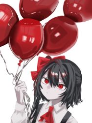 Rule 34 | 1girl, ascot, asymmetrical hair, balloon, black hair, bow, closed mouth, collared shirt, commentary, cookie (touhou), expressionless, hair between eyes, hair bow, hirunebu oekaki, holding, holding balloon, long hair, red ascot, red bow, red eyes, shirt, side ponytail, simple background, siyudi (cookie), solo, suspenders, symbol-only commentary, upper body, white background, white shirt