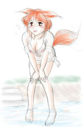 Rule 34 | 1girl, animal ears, barefoot, breasts, brown eyes, cleavage, feet, female focus, fox ears, full body, lowres, orange hair, outdoors, soaking feet, solail (faya), solo, tail, toes, tongue, water, wet, wet clothes, white background