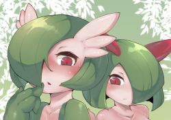 Rule 34 | 2girls, blush, closed mouth, commentary request, fewer digits, gardevoir, gen 3 pokemon, green hair, hair over one eye, hand up, kirlia, looking at viewer, multiple girls, one eye covered, parted lips, pokemon, pokemon (creature), red eyes