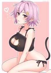 Rule 34 | 1girl, barefoot, black bra, blush, border, bra, breasts, cat cutout, cat tail, cleavage, clothing cutout, collarbone, cypress, hair between eyes, hair ornament, heart, kantai collection, large breasts, open mouth, pink hair, red eyes, short hair, solo, tail, tama (kancolle), tama kai ni (kancolle), underwear, white border