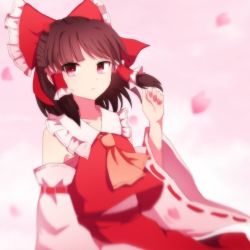 Rule 34 | 1girl, arm garter, ascot, bad id, bad pixiv id, bare shoulders, black hair, blurry, bow, depth of field, detached sleeves, frilled shirt collar, frills, hair bow, hair tubes, hakurei reimu, japanese clothes, long sleeves, looking at viewer, miko, petals, red bow, red eyes, red shirt, red skirt, ribbon-trimmed sleeves, ribbon trim, shirt, short hair, skirt, skirt set, smile, solo, touhou, upper body, wide sleeves, you (noanoamoemoe)