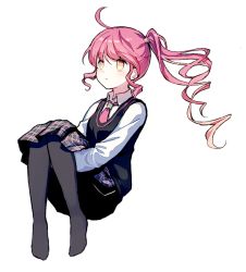 Rule 34 | 1girl, ahoge, black pantyhose, black skirt, black vest, blush, closed mouth, collared shirt, drill hair, full body, hair ornament, hugging own legs, invisible chair, long hair, long sleeves, mechuragi, medium skirt, necktie, no shoes, pantyhose, pink hair, pink necktie, plaid, plaid skirt, shirt, side ponytail, sidelocks, sitting, skirt, solo, star (symbol), star hair ornament, transparent background, uni (vocaloid), vest, vocaloid, white shirt, wing collar, yellow eyes
