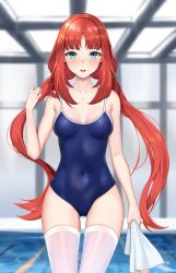 Rule 34 | 1girl, alternate costume, aqua eyes, bare arms, bare shoulders, blue one-piece swimsuit, blurry, blurry background, breasts, collarbone, covered navel, cowboy shot, dot nose, genshin impact, gluteal fold, hand up, highleg, highleg swimsuit, highres, holding, holding towel, indoors, light blush, long hair, looking at viewer, low twintails, matrix16, medium breasts, nilou (genshin impact), one-piece swimsuit, parted lips, pool, red hair, school swimsuit, solo, standing, swimsuit, thighhighs, towel, twintails, water, wet, white thighhighs, white towel