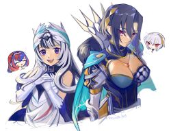 Rule 34 | 1boy, 3girls, alear (female) (fire emblem), alear (fire emblem), asymmetrical clothes, asymmetrical hair, black choker, black hair, breasts, capelet, chibi, choker, cleavage, cleavage cutout, clothing cutout, dress, elbow gloves, feather hair ornament, feathers, fire emblem, fire emblem engage, gloves, hair ornament, highres, jewelry, long hair, medium breasts, mochako (motyako 1005), multicolored hair, multiple girls, necklace, nel (fire emblem), nintendo, open mouth, purple eyes, rafal (fire emblem), red eyes, short hair, simple background, small breasts, smile, split-color hair, teeth, tiara, two-tone hair, upper teeth only, veyle (fire emblem), wavy hair, white background, white gloves, white hair