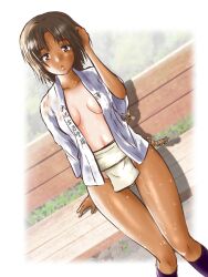 Rule 34 | 1girl, absurdres, bench, blush, breasts, brown eyes, brown hair, cleavage, collarbone, feet out of frame, female focus, fundoshi, girls und panzer, highres, hiyama yuu (wee259hiyama), japanese clothes, looking at viewer, mizu happi, navel, no bra, on bench, open mouth, outdoors, sawa azusa, short hair, sitting, small breasts, solo, sweat, tan, tanline