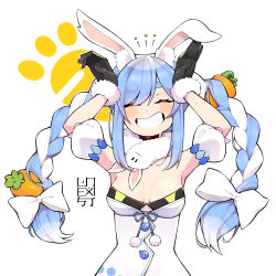 Rule 34 | 1girl, absurdres, animal ear fluff, animal ears, arms up, artist logo, black gloves, blue hair, braid, breasts, carrot, carrot print, cleavage, closed eyes, detached sleeves, dress, food print, fur-trimmed gloves, fur trim, gloves, grin, highres, hololive, pom pom (clothes), rabbit ears, rabbit girl, rabbit pose, short sleeves, sidelocks, simple background, smile, solo, strapless, strapless dress, twin braids, unexistarts, upper body, usada pekora, usada pekora (1st costume), virtual youtuber, white background, white dress, white hair