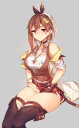Rule 34 | 1girl, atelier (series), atelier ryza, atelier ryza 3, bare shoulders, belt, beret, black choker, black footwear, boots, breast pocket, breasts, brown eyes, brown gloves, brown hair, choker, commentary, earrings, gloves, grey background, hair ornament, hairclip, hands on own thighs, hat, highres, jacket, jewelry, large breasts, looking at viewer, micro shorts, necklace, off shoulder, open clothes, open jacket, pocket, pouch, red shorts, reisalin stout, ricegnat, short hair, short shorts, short sleeves, shorts, simple background, single glove, sitting, smile, solo, star (symbol), star choker, thigh boots, thigh strap, thighhighs, thighhighs under boots, thighs, white hat, white jacket, white thighhighs, wing collar