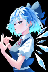 Rule 34 | 1girl, absurdres, black background, blue bow, blue eyes, blue hair, blue nails, blue skirt, blue vest, bow, cirno, collared shirt, detached wings, fairy, fingernails, frilled sleeves, frills, hair bow, highres, ice, ice wings, kaminose (user veum4325), nail polish, open mouth, shirt, short hair, short sleeves, simple background, skirt, solo, touhou, upper body, vest, white shirt, wings