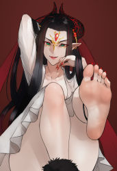 Rule 34 | 1girl, absurdres, bad id, bad twitter id, barefoot, black hair, breasts, demon girl, dress, facepaint, feet, feet up, foot focus, forehead jewel, green eyes, highres, horn ornament, horn ring, horns, jewelry, lipstick, long hair, looking at viewer, makeup, nail polish, pointy ears, scathegrapes, smile, soles, solo, thunderbolt fantasy, white dress, xing hai