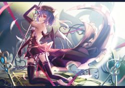 Rule 34 | 1girl, alternate costume, barefoot, bat wings, black gloves, black thighhighs, blush, elbow gloves, gloves, hat, hat ribbon, letterboxed, light purple hair, planted, planted sword, planted weapon, red eyes, remilia scarlet, ribbon, short hair, solo, sword, thighhighs, touhou, wangchuan de quanyan, weapon, wings