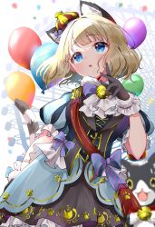 Rule 34 | 1girl, :o, amusement park, animal ears, aqua eyes, balloon, black gloves, blonde hair, blunt bangs, bow, bowtie, cat ears, cat tail, commentary, crown, ferris wheel, frilled sleeves, frills, fur-trimmed gloves, fur trim, gloves, highres, idolmaster, idolmaster million live!, jewelry, looking afar, looking up, neck ring, paw print, puffy short sleeves, puffy sleeves, sash, short hair, short sleeves, solo, suou momoko, symbol-only commentary, tail, yuanagae