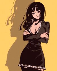 Rule 34 | 1girl, black dress, black hair, blunt bangs, commentary, crossed arms, dress, long hair, long sleeves, moshimoshibe, nico robin, one piece, shadow, smile, solo, yellow background