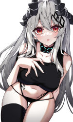 Rule 34 | 1girl, :o, absurdres, arknights, bare shoulders, bikini, bikini bottom only, black horns, black sports bra, black thighhighs, blush, breasts, collarbone, cowboy shot, crop top, eyes visible through hair, grey hair, hair between eyes, hand on own chest, highres, horns, infection monitor (arknights), long hair, looking at viewer, material growth, medium breasts, midriff, mudrock (arknights), mudrock (elite ii) (arknights), navel, oripathy lesion (arknights), parted lips, red eyes, sidelocks, simple background, single thighhigh, sleeveless, solo, sports bra, swimsuit, tank top, thighhighs, touko (toko12 tooko), very long hair, white background