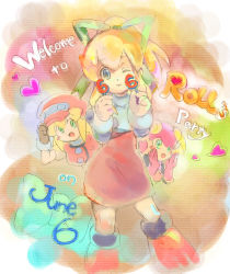 Rule 34 | blonde hair, blunt bangs, blush, bodysuit, bow, breasts, cabbie hat, child, closed mouth, commentary request, dinef, dress, gloves, green bow, green eyes, hair bow, hat, helmet, high ponytail, jacket, leotard, long hair, low-tied long hair, mega man (classic), mega man (series), mega man battle network, mega man battle network (series), mega man legends (series), multiple girls, netnavi, open mouth, pink gloves, pink headwear, pink leotard, ponytail, red jacket, roll.exe (mega man), roll (mega man), roll caskett (mega man), sidelocks, smile, standing