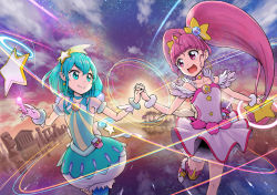 Rule 34 | 2girls, :d, back bow, blue eyes, blue hair, blue neckwear, blue thighhighs, bow, bubble skirt, choker, closed mouth, collarbone, cowboy shot, cure milky, cure star, dress, earrings, hagoromo lala, hair ornament, hairband, holding hands, hoshina hikaru, itou shin&#039;ichi, jewelry, long hair, looking at another, magical girl, moai, multiple girls, open mouth, petticoat, pink dress, pink eyes, pink hair, pink legwear, pink neckwear, pointy ears, precure, puffy sleeves, ruins, see-through, see-through sleeves, short hair, single leg pantyhose, single thighhigh, skirt, smile, star (sky), star (symbol), star choker, star earrings, star hair ornament, star twinkle precure, thighhighs, tree, twintails, white bow, wrist cuffs, yellow hairband