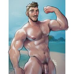 Rule 34 | 1boy, :p, abs, bara, beach, beard stubble, biceps, completely nude, coral island, derek (coral island), eido art, facial hair, flaccid, flexing, highres, large pectorals, looking at viewer, male focus, male pubic hair, mature male, muscular, muscular male, navel, navel hair, nipples, nude, ocean, pectorals, pubic hair, sand, short hair, solo, sparse arm hair, sparse chest hair, stomach, stubble, thick eyebrows, thick thighs, thighs, tongue, tongue out, uncensored