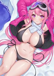 Rule 34 | 1girl, bikini, black bikini, blue archive, blush, breasts, closed mouth, coat, eimi (blue archive), eimi (swimsuit) (blue archive), goggles, goggles on head, halo, highres, large breasts, long hair, looking at viewer, lying, navel, official alternate costume, on back, open clothes, open coat, pcreambang, pink coat, pink halo, ponytail, purple eyes, scarf, side-tie bikini bottom, smile, solo, stomach, swimsuit, very long hair, white scarf