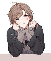 Rule 34 | 1boy, ahoge, black jacket, blue eyes, blush, brown hair, commentary request, dog tags, earrings, frown, grey sweater, hands on own face, highres, jacket, jewelry, kanae (nijisanji), leaning on object, long sleeves, looking at viewer, male focus, medium hair, mole, mole under eye, multiple earrings, necklace, nijisanji, pout, sleeves past wrists, solo, sweater, swept bangs, table, tojimobu, upper body, virtual youtuber