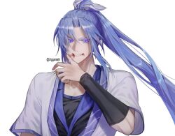 Rule 34 | 1boy, artist name, blood, blood on face, blue hair, collarbone, drggarashi, english text, khun edhuan, long hair, looking at viewer, male focus, ponytail, purple eyes, short sleeves, smile, solo, tower of god, traditional clothes, twitter username, very long hair, white background, wiping blood