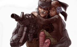 Rule 34 | 1boy, 1girl, 30ml, assault rifle, bad id, bad pixiv id, carrying, eyepatch, facial hair, gun, konami, m4 carbine, metal gear (series), metal gear solid 4: guns of the patriots, mustache, old snake, open mouth, rifle, short hair, simple background, solid snake, striped, sunny gurlukovich, weapon, white background