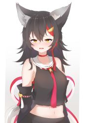 Rule 34 | 1girl, absurdres, amato 0321, animal ear fluff, animal ears, arms at sides, bare shoulders, black hair, black shirt, blush, choker, crop top, detached sleeves, hair between eyes, hair ornament, hairclip, highres, hololive, long hair, looking at viewer, midriff, multicolored hair, navel, ookami mio, ookami mio (1st costume), open mouth, red choker, red hair, shirt, sleeveless, sleeveless shirt, solo, streaked hair, tail, virtual youtuber, wolf ears, wolf girl, wolf tail, yellow eyes