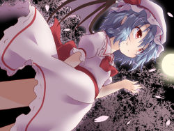 Rule 34 | 1girl, blue hair, cherry blossoms, dress, fang, fang out, full moon, hat, mob cap, moon, natsu no koucha, petals, red eyes, remilia scarlet, short hair, smile, solo, touhou