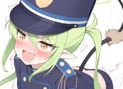 Rule 34 | 1girl, bitseon, black tail, blue archive, blush, demon tail, flat chest, green hair, hair between eyes, nozomi (blue archive), open mouth, pointy ears, punishment, squirming, sweat, tail, tail grab, train conductor, white background, yellow eyes