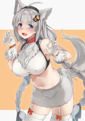 Rule 34 | 1girl, :d, ahoge, animal ear fluff, animal ears, bare shoulders, black hairband, blue eyes, blush, bow, breasts, brown background, claw pose, collar, commentary request, crop top, fang, garter straps, gloves, grey background, grey skirt, hair ornament, hairband, highres, kanzen bouon, kizuna akari, large breasts, looking at viewer, navel, open mouth, orange bow, red collar, shirt, skirt, sleeveless, sleeveless shirt, smile, solo, tail, thighhighs, two-tone background, voiceroid, white gloves, white shirt, white thighhighs, wolf ears, wolf tail