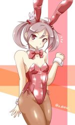 Rule 34 | 1girl, akai akasaki, alternate costume, animal, animal ears, animal on head, bow, bowtie, brown pantyhose, commentary request, cowboy shot, detached collar, fake animal ears, hair bobbles, hair ornament, kantai collection, leotard, looking at viewer, on head, pantyhose, pink eyes, pink hair, playboy bunny, rabbit, rabbit ears, rabbit on head, red bow, red bowtie, red leotard, sazanami (kancolle), short hair, solo, standing, strapless, strapless leotard, tongue, tongue out, twintails, twitter username, wrist cuffs