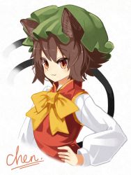 Rule 34 | 1girl, :3, animal ears, bad id, bad nicoseiga id, blush, bow, brown eyes, brown hair, cat ears, cat tail, character name, chen, colored eyelashes, hand on own hip, hat, highres, long sleeves, looking at viewer, multiple tails, short hair, simple background, smile, solo, suminagashi, tail, touhou, tsurime, upper body, white background