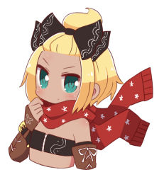 Rule 34 | 1girl, 7th dragon, 7th dragon (series), bandeau, bangs pinned back, black bandeau, black bow, blonde hair, blue eyes, blush, bow, brown gloves, closed mouth, commentary request, cropped torso, dark-skinned female, dark skin, fingerless gloves, floating scarf, forehead, fringe trim, gloves, hair bow, hand up, hatch (7th dragon), highres, looking at viewer, naga u, red scarf, rogue (7th dragon), scarf, simple background, solo, upper body, v-shaped eyebrows, white background