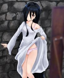 Rule 34 | 1girl, azumawari (azumofu), bare legs, black hair, blurry, blush, bow, bow panties, bra, brown eyes, clothes lift, collarbone, commentary request, cowboy shot, depth of field, dress, dress lift, hair between eyes, hair over one eye, long hair, long sleeves, looking at mirror, looking away, mirror, musical note, off shoulder, one eye covered, panties, see-through, solo, stone wall, tareme, the ring, underwear, very long hair, wall, white dress, wide sleeves, yamamura sadako