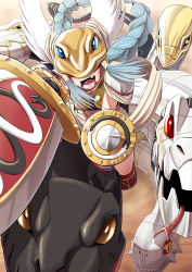 Rule 34 | 1girl, absurdres, armor, black tube top, blue hair, braid, covered eyes, digimon, digimon (creature), forked tongue, highres, long hair, mask, minervamon, multiple heads, orochimon, shield, snake, strapless, sword, tongue, tube top, twin braids, very long hair, weapon, yellow eyes