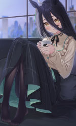 Rule 34 | 1girl, absurdres, ahoge, animal ears, bed, black hair, black pantyhose, black skirt, blurry, building, commentary request, cup, earrings, frilled shirt collar, frills, full body, highres, holding, holding cup, horse ears, horse girl, horse tail, jewelry, knees up, long hair, looking at viewer, manhattan cafe (umamusume), pantyhose, parted lips, pillow, primamiya, shirt, shirt tucked in, single earring, sitting, skirt, skyscraper, solo, steam, tail, umamusume, window, yellow eyes, yellow shirt