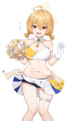 Rule 34 | 1girl, absurdres, ahoge, bike shorts under skirt, black shorts, blonde hair, blue archive, breasts, cheerleader, cleavage, collarbone, detached collar, feet out of frame, flying sweatdrops, gloves, hair between eyes, halo, halterneck, highres, kotori (blue archive), kotori (cheer squad) (blue archive), large breasts, long hair, millennium cheerleader outfit (blue archive), navel, official alternate costume, pleated skirt, red eyes, short twintails, shorts, simple background, skirt, solo, thigh strap, twintails, white background, white gloves, white skirt, wish-tf, yellow halo
