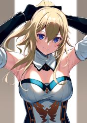Rule 34 | 1girl, absurdres, armpits, arms behind head, arms up, bare shoulders, black gloves, blonde hair, blue eyes, bow, breasts, detached collar, detached sleeves, genshin impact, gloves, hair between eyes, hair bow, highres, jean (genshin impact), kurebayashi noe, large breasts, long hair, long sleeves, looking at viewer, ponytail, smile, solo, strapless, upper body