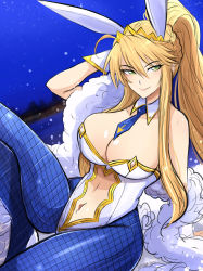 Rule 34 | 1girl, animal ears, artoria pendragon (all), artoria pendragon (fate), artoria pendragon (swimsuit ruler) (fate), bare shoulders, blonde hair, blue necktie, blue pantyhose, braid, breasts, cleavage, clothing cutout, collar, detached collar, fake animal ears, fate/grand order, fate (series), feather boa, fishnet pantyhose, fishnets, french braid, green eyes, hair between eyes, high ponytail, highres, large breasts, leotard, long hair, navel, navel cutout, necktie, night, omiza somi, pantyhose, playboy bunny, ponytail, rabbit ears, reclining, sidelocks, smile, solo, white collar, white leotard, wrist cuffs