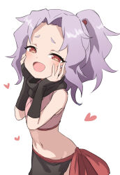 Rule 34 | 1girl, absurdres, black scarf, blush, gazacy (dai), hands on own cheeks, hands on own face, heart, highres, kunoichi tsubaki no mune no uchi, looking at viewer, midriff, navel, ponytail, purple hair, red eyes, sazanka (kunoichi tsubaki no mune no uchi), scarf, short hair, simple background, solo, white background