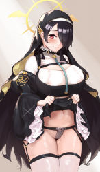 Rule 34 | 1girl, asymmetrical bangs, black choker, black hair, blue archive, blush, breasts, chastity belt, choker, cleavage cutout, closed mouth, clothing cutout, cross, cross earrings, ear piercing, earrings, garter belt, hair over one eye, halo, highres, hinata (blue archive), jewelry, juliet sleeves, keyhole, large breasts, layered sleeves, lifting own clothes, long bangs, long hair, long sleeves, looking at viewer, navel, necktie, nun, oza osuwari, piercing, puffy sleeves, red eyes, simple background, solo, thighhighs, veil, white thighhighs, wide sleeves