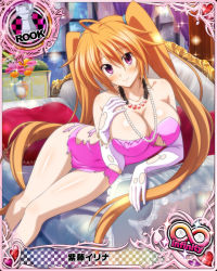 Rule 34 | 10s, 1girl, artist request, blonde hair, blush, bracelet, breasts, card (medium), character name, chess piece, covered erect nipples, dress, elbow gloves, gloves, high school dxd, high school dxd infinity, jewelry, large breasts, long hair, necklace, official art, pantyhose, pink dress, purple eyes, rook (chess), shidou irina, solo, strapless, strapless dress, torn clothes, trading card, twintails, very long hair